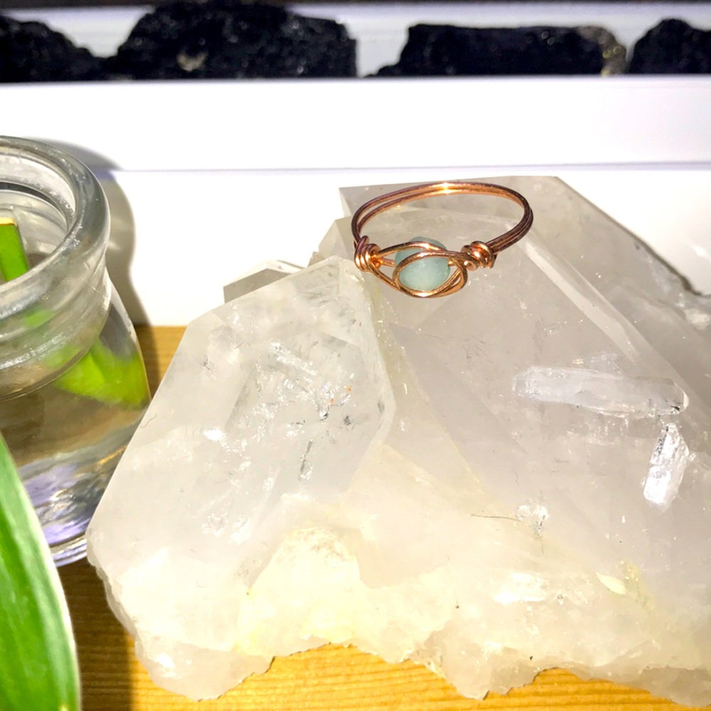 Green Aventurine ring with copper wire.